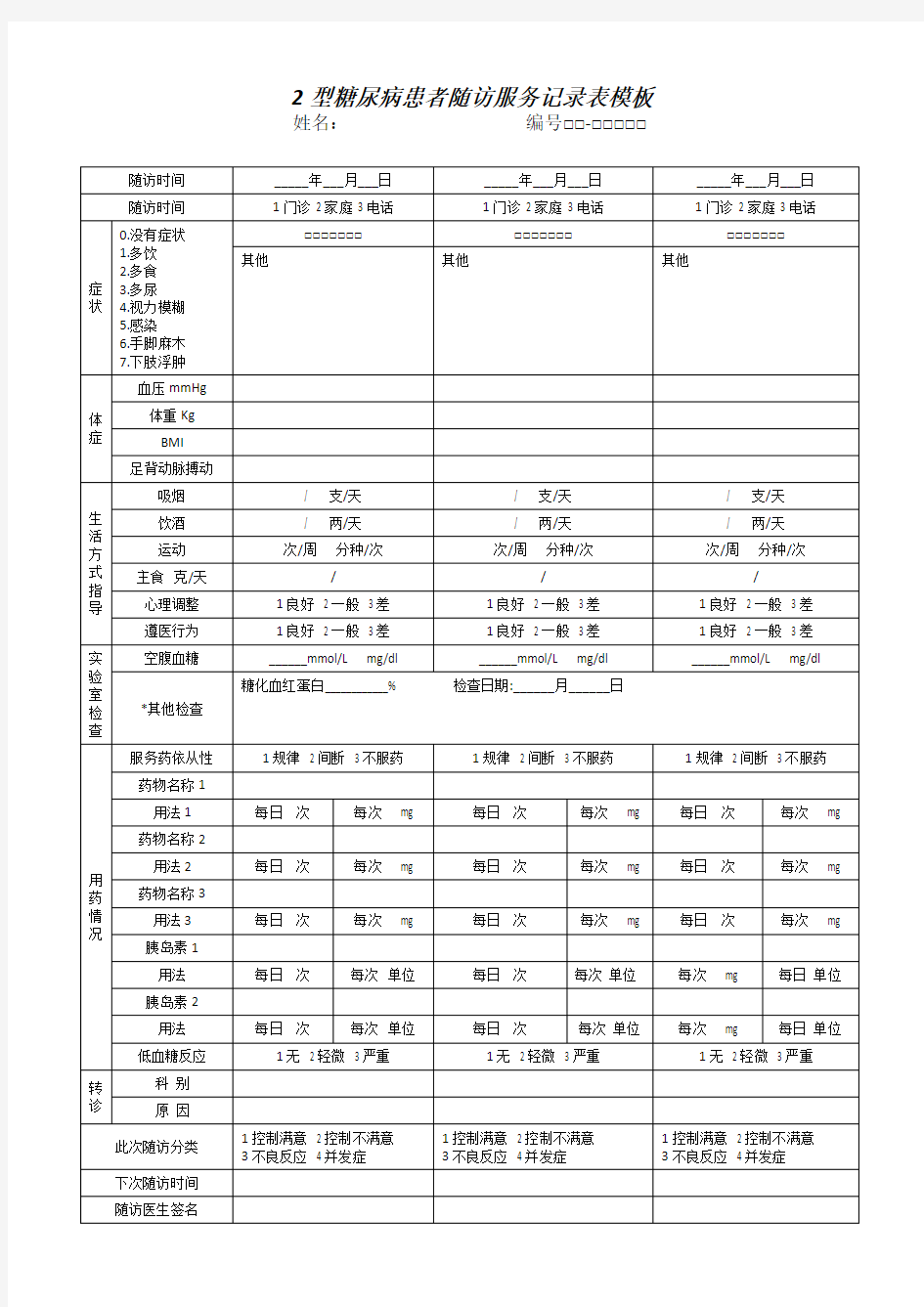 2型糖尿病患者随访服务记录表模板