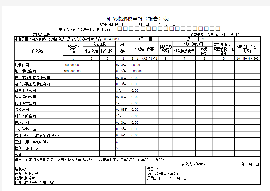 印花税纳税申报(报告)表(EXCEL)2019