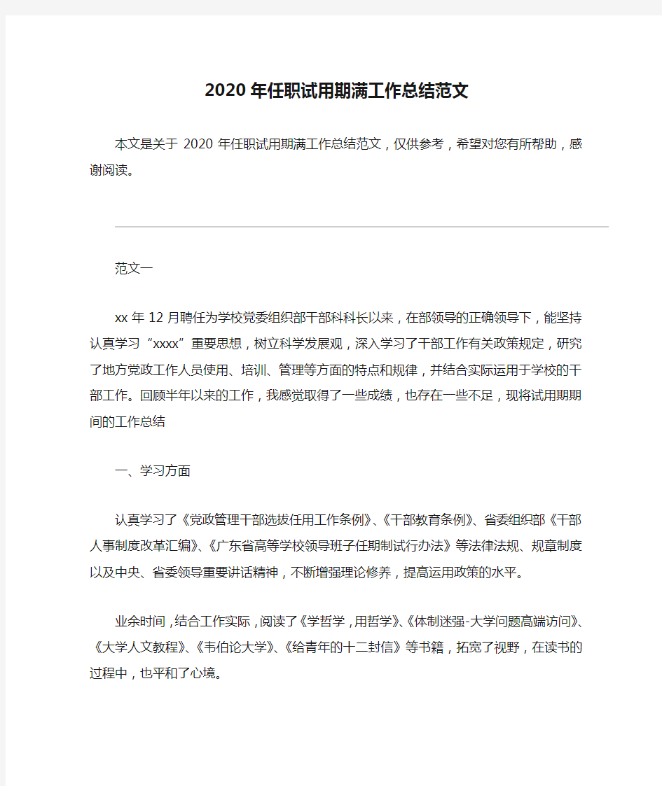 2020年任职试用期满工作总结范文