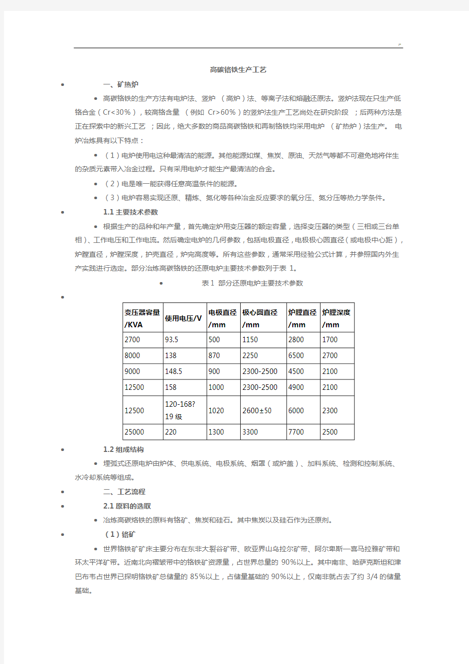 高碳铬铁的冶炼工艺标准