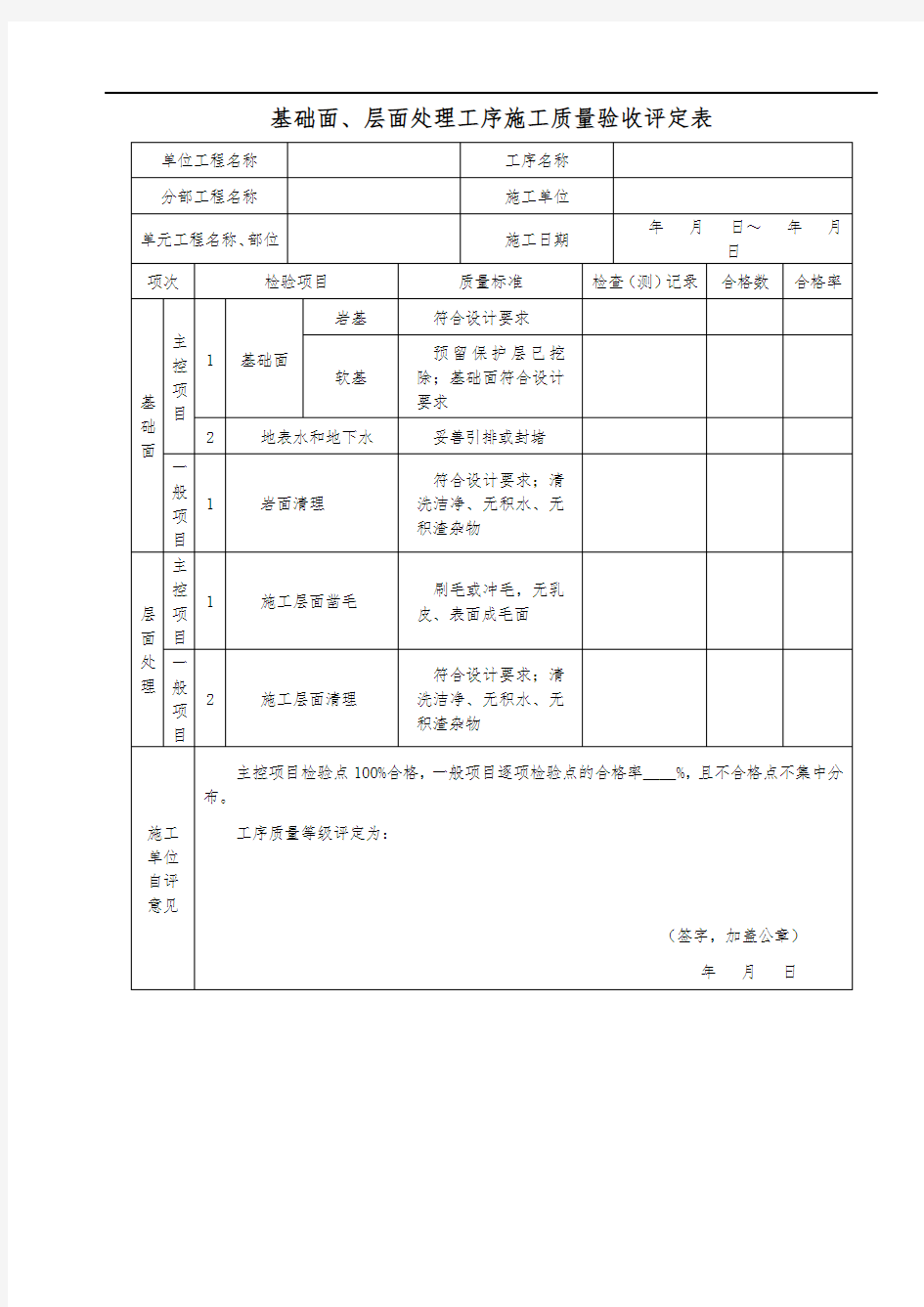 基础面、层面处理工序施工质量验收评定表