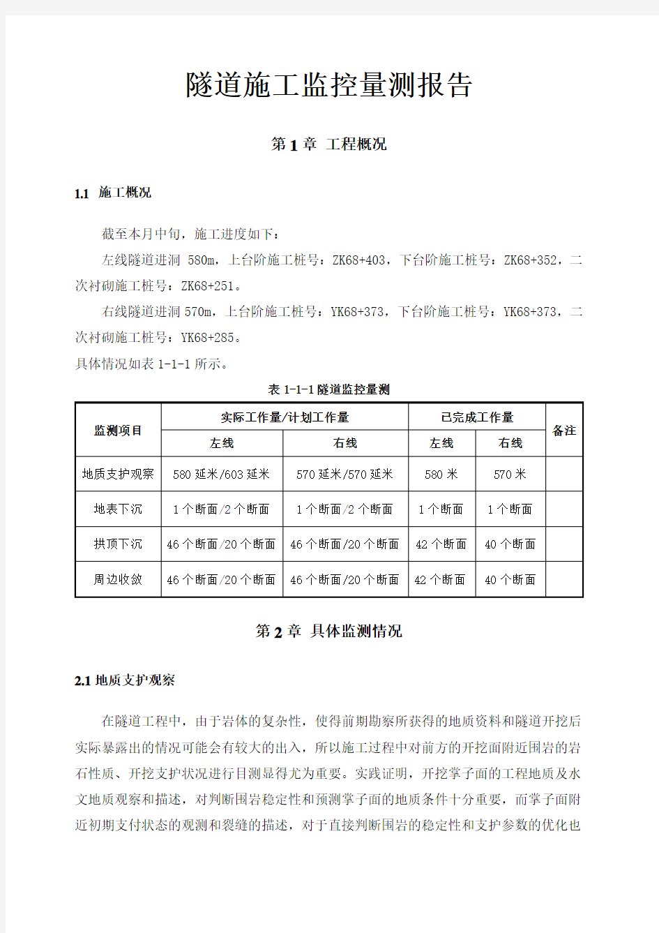 隧道监控量测监测报告