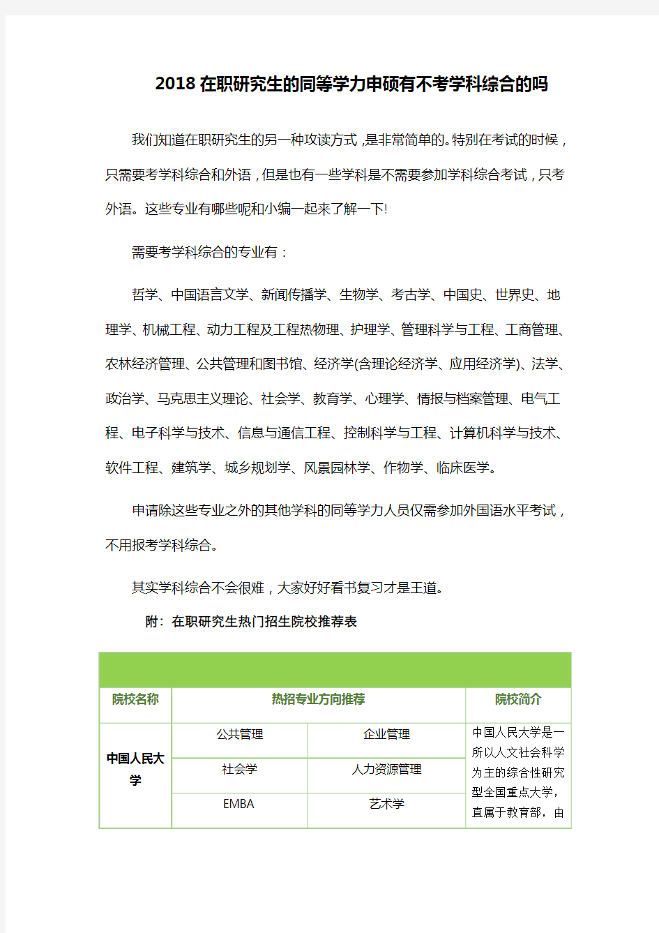 2018在职研究生的同等学力申硕有不考学科综合的吗