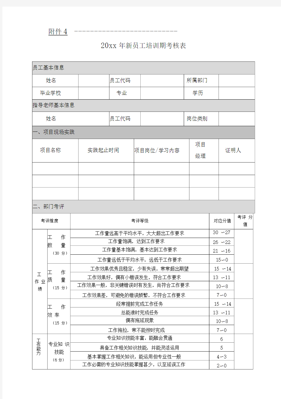 新员工培训期考核表