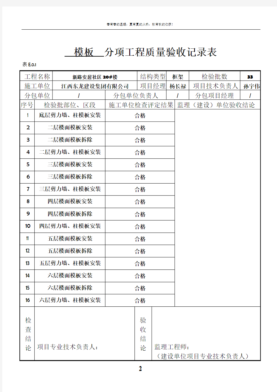 分项工程质量验收记录表