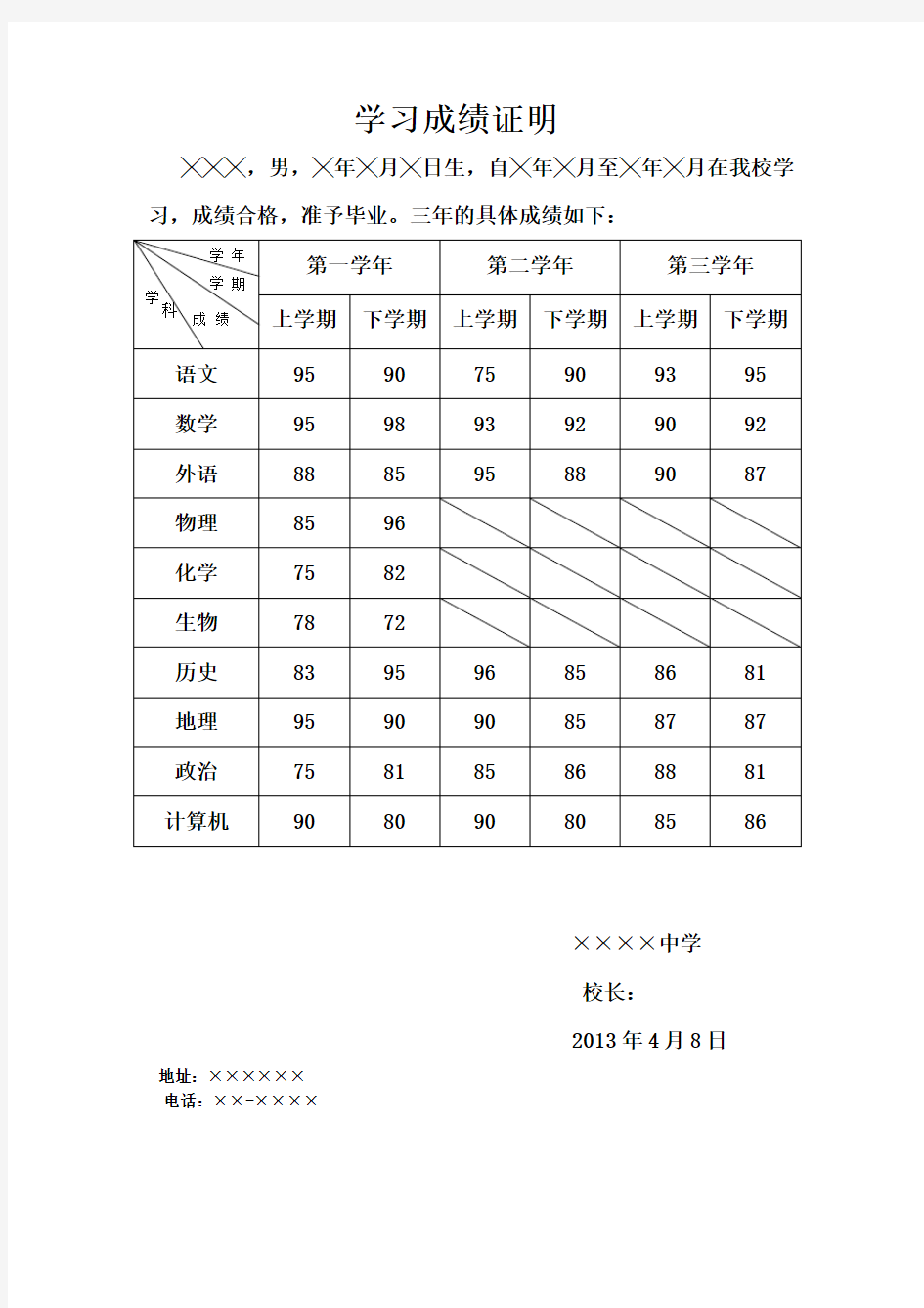 高中毕业生学习成绩证明