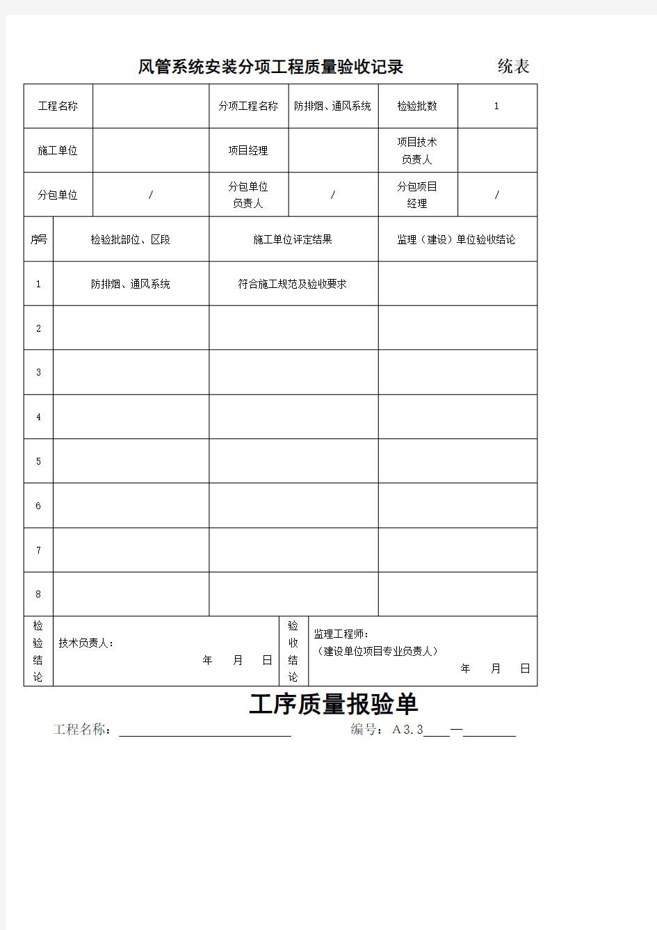 风管系统安装分项工程质量验收记录统表