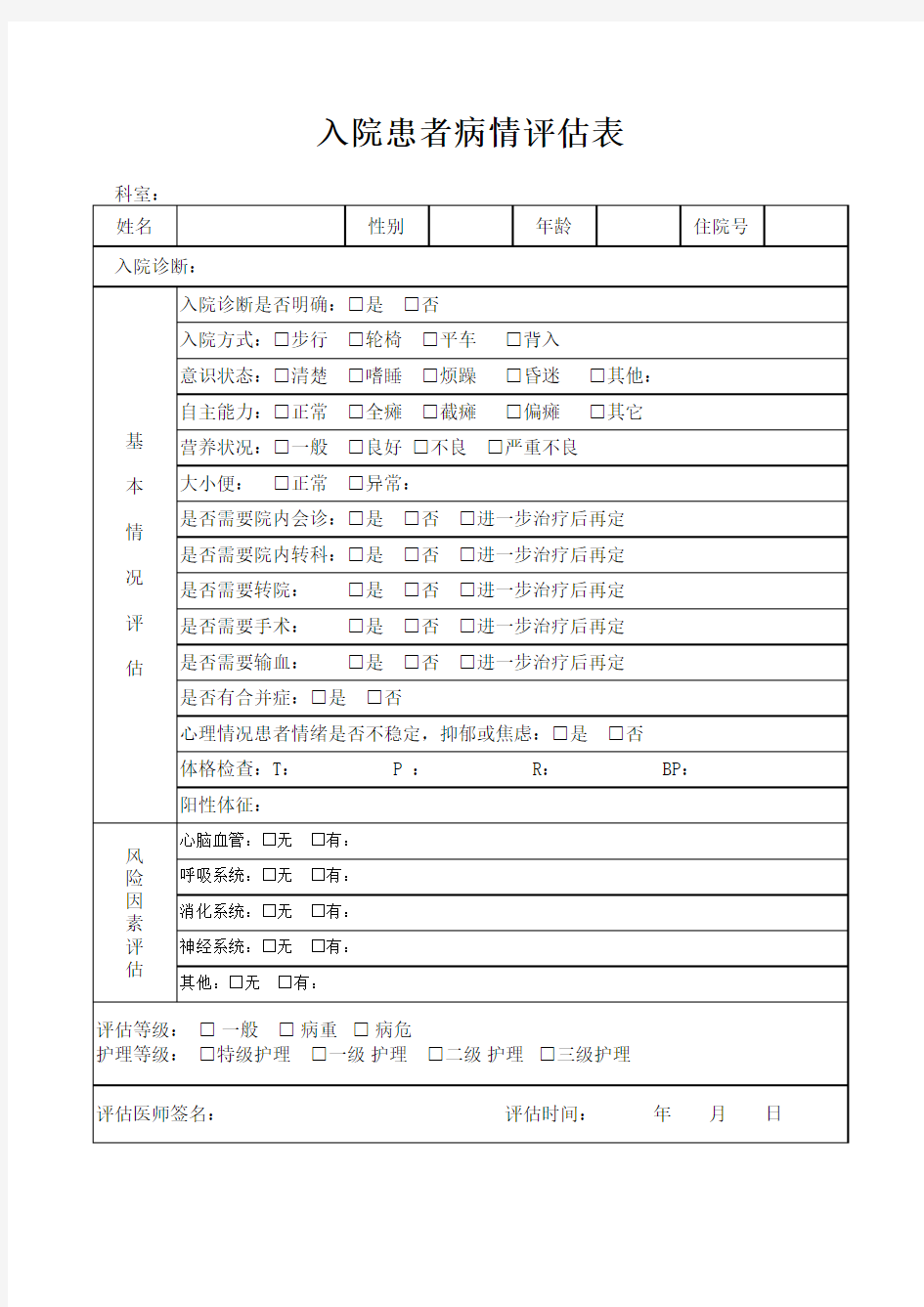 入院患者病情评估表