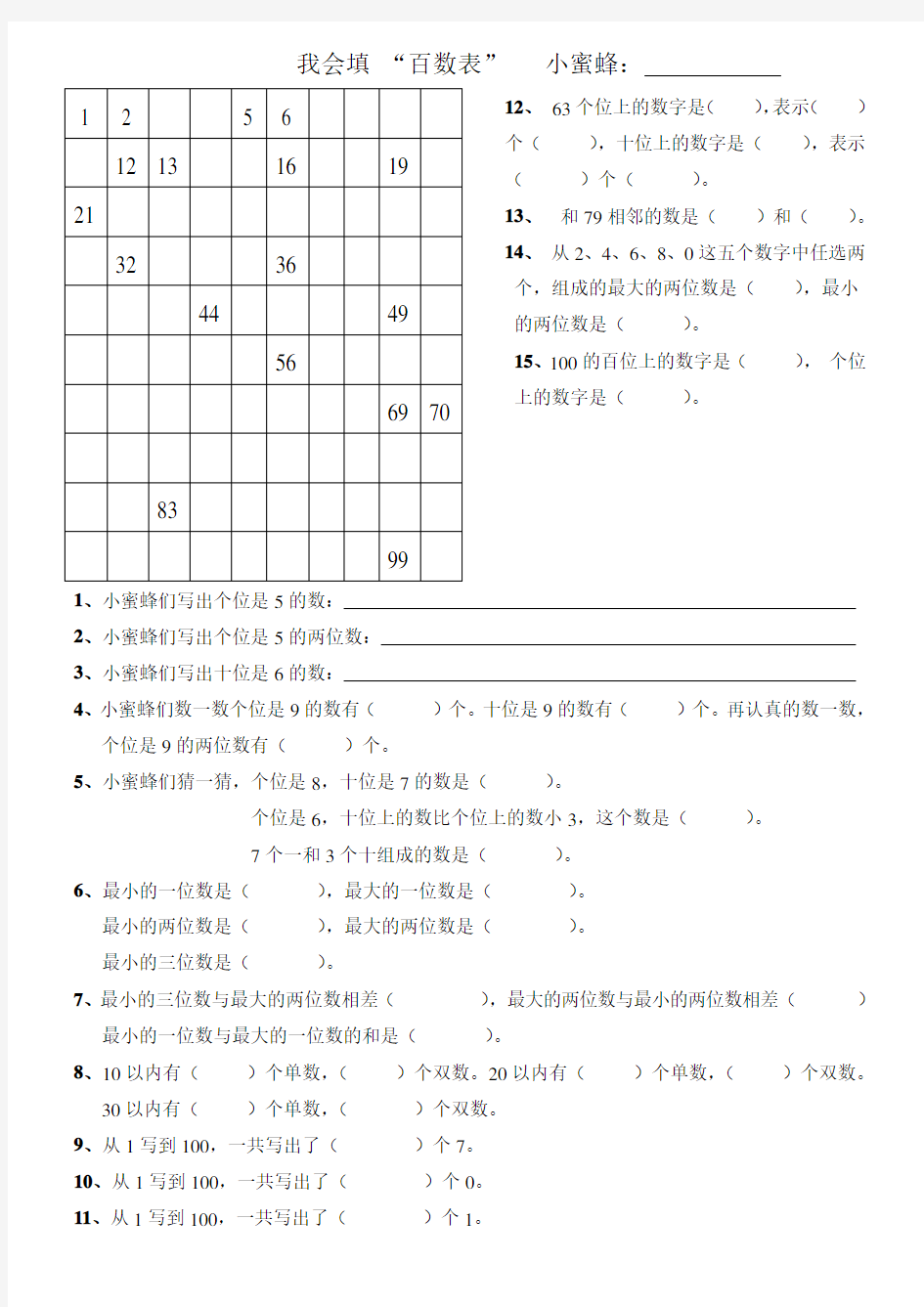 一年级下册数学百数表小测试题