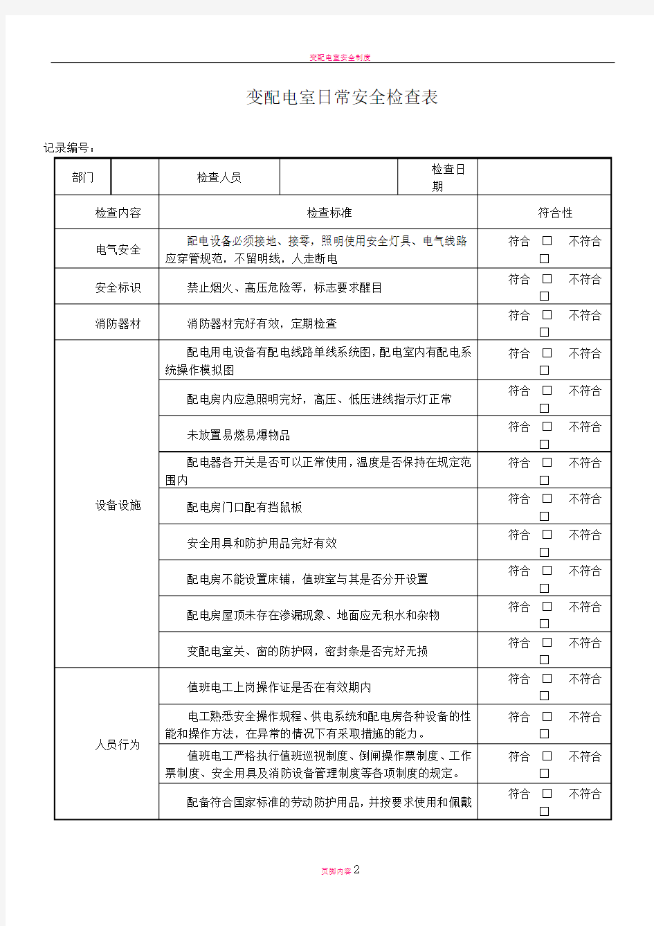 变配电室日常安全检查表