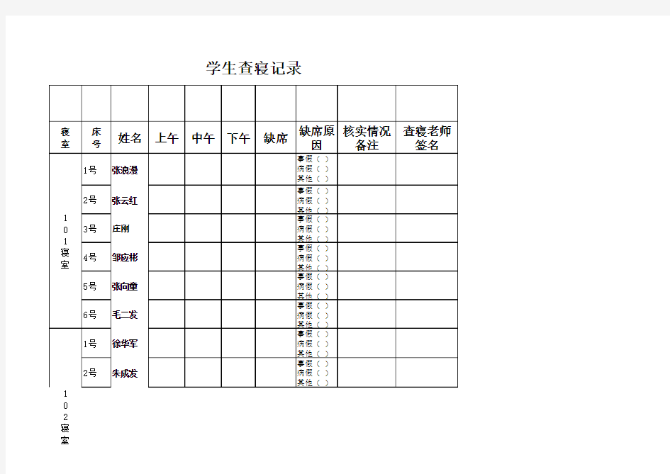 学生宿舍查寝记录表