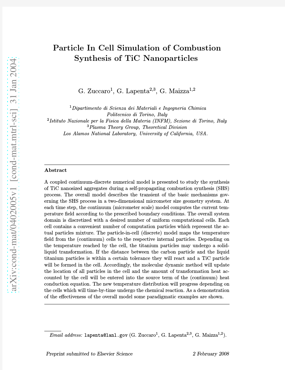 Particle In Cell Simulation of Combustion Synthesis of TiC Nanoparticles