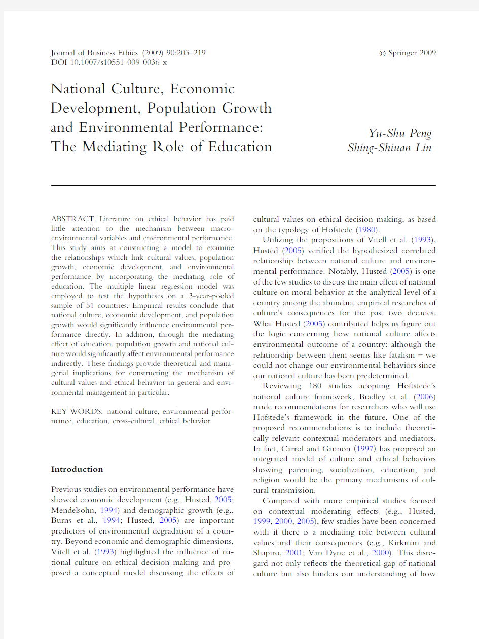 National Culture, Economic Development, Population Growth and Environmantal Performance The Mediatin