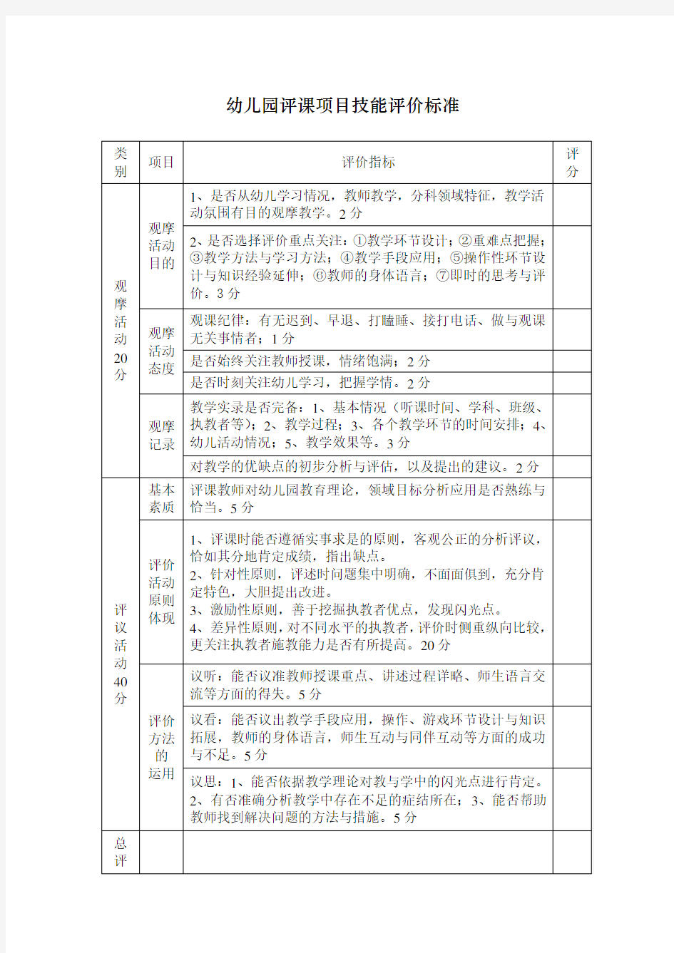 幼儿园课堂教学评价标准1