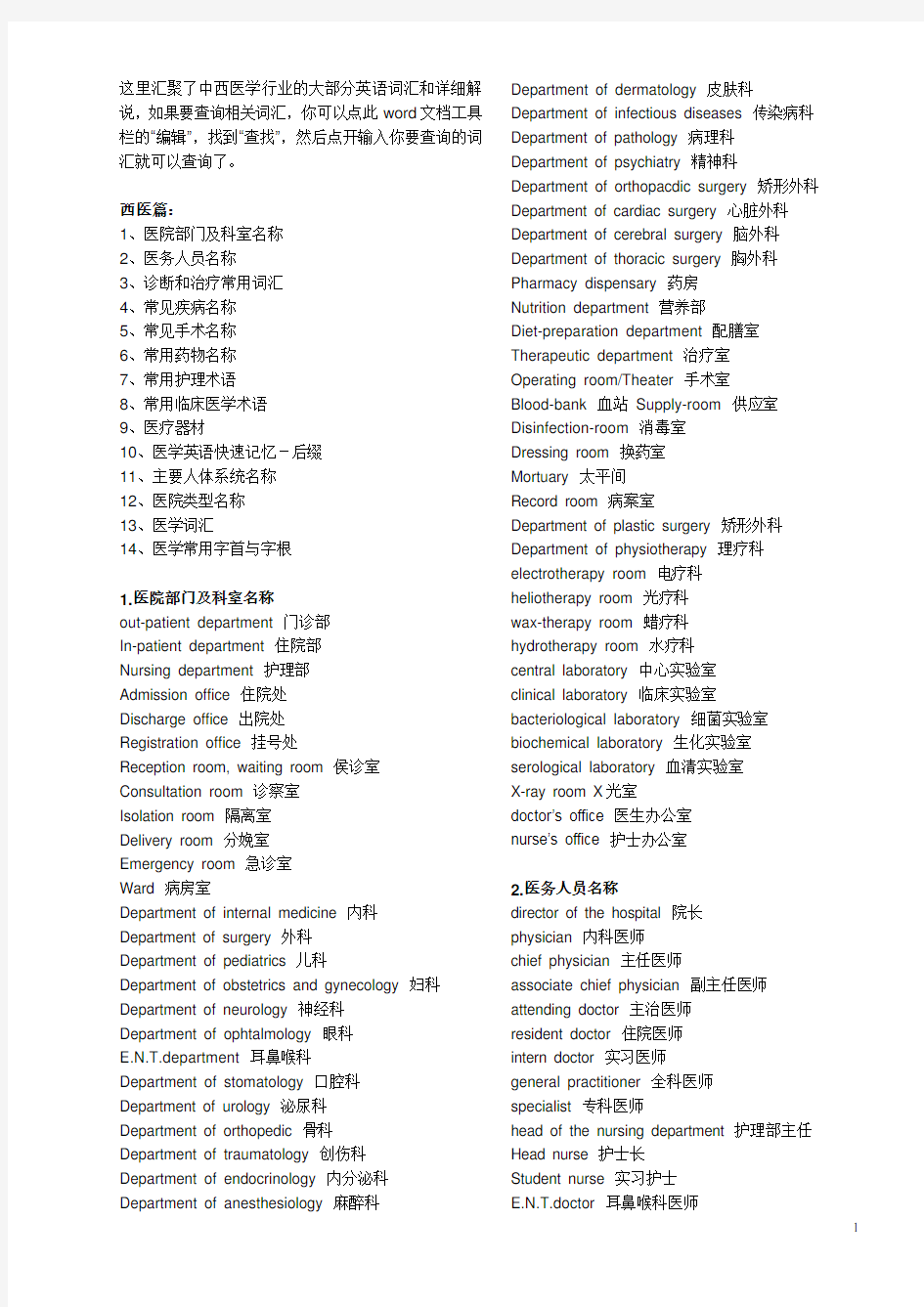 医学英语翻译常用专业词汇