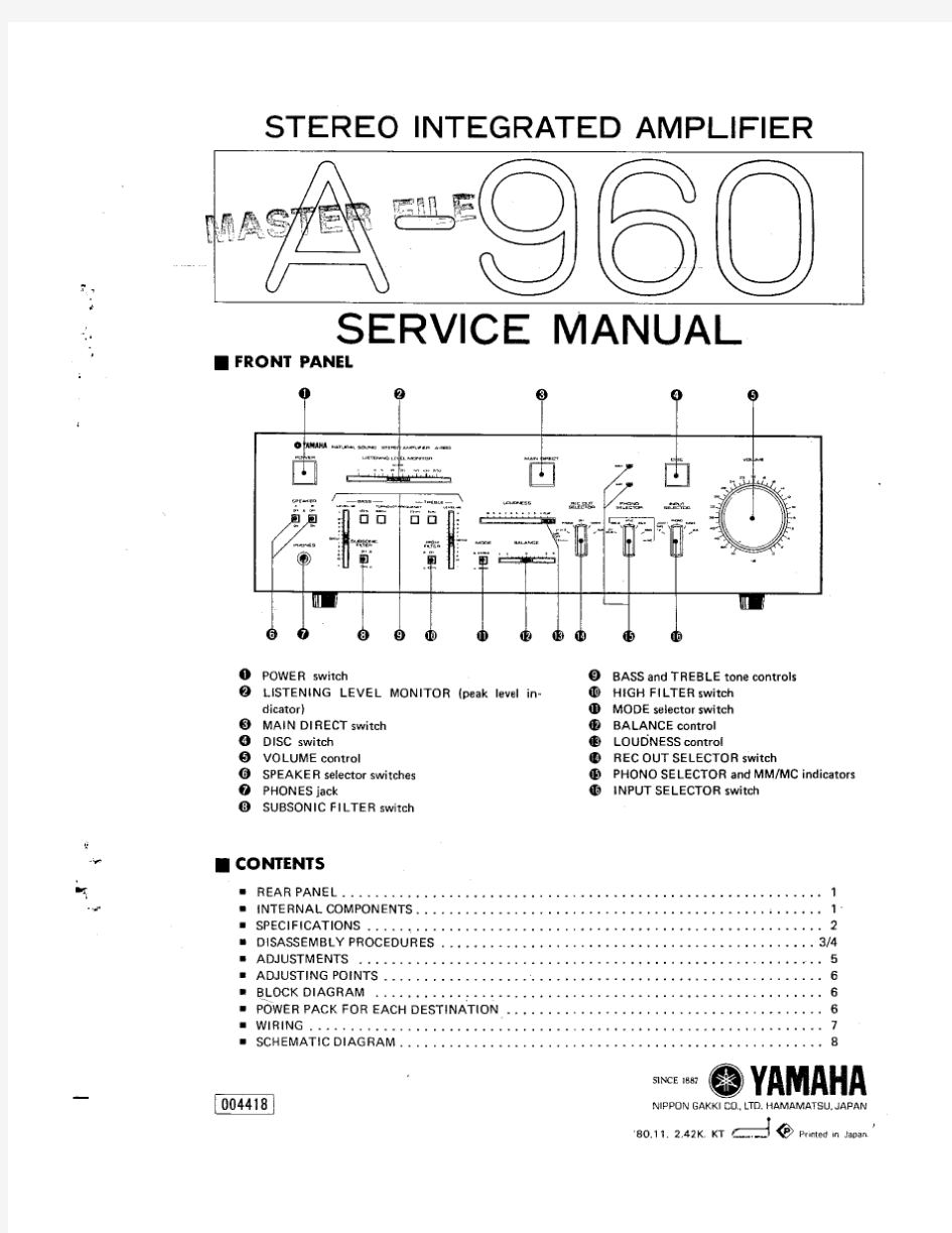 雅马哈功放维修手册(含电路图)Yamaha-A960