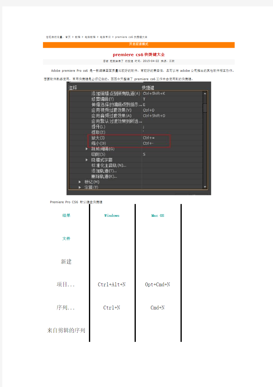 premiere cs6快捷键大全