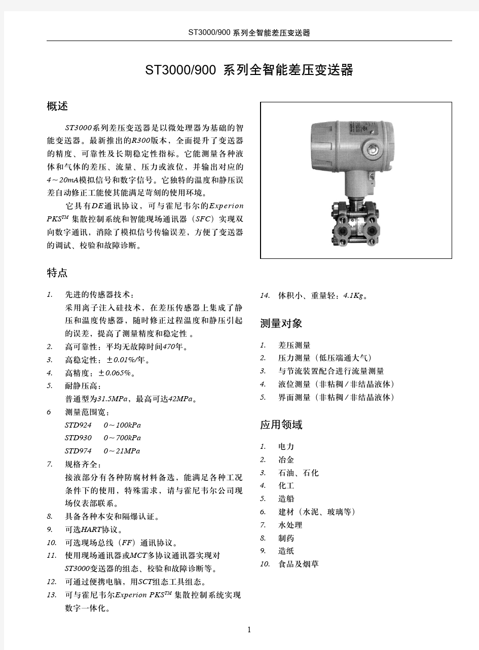 霍尼韦尔差压变送器STD9XX