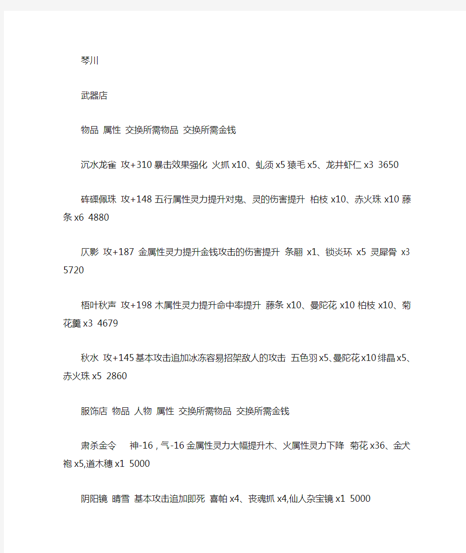 古剑奇谭 武器装备详细表