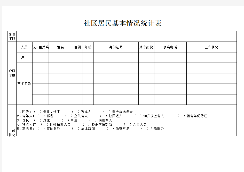 社区居民基本情况统计表