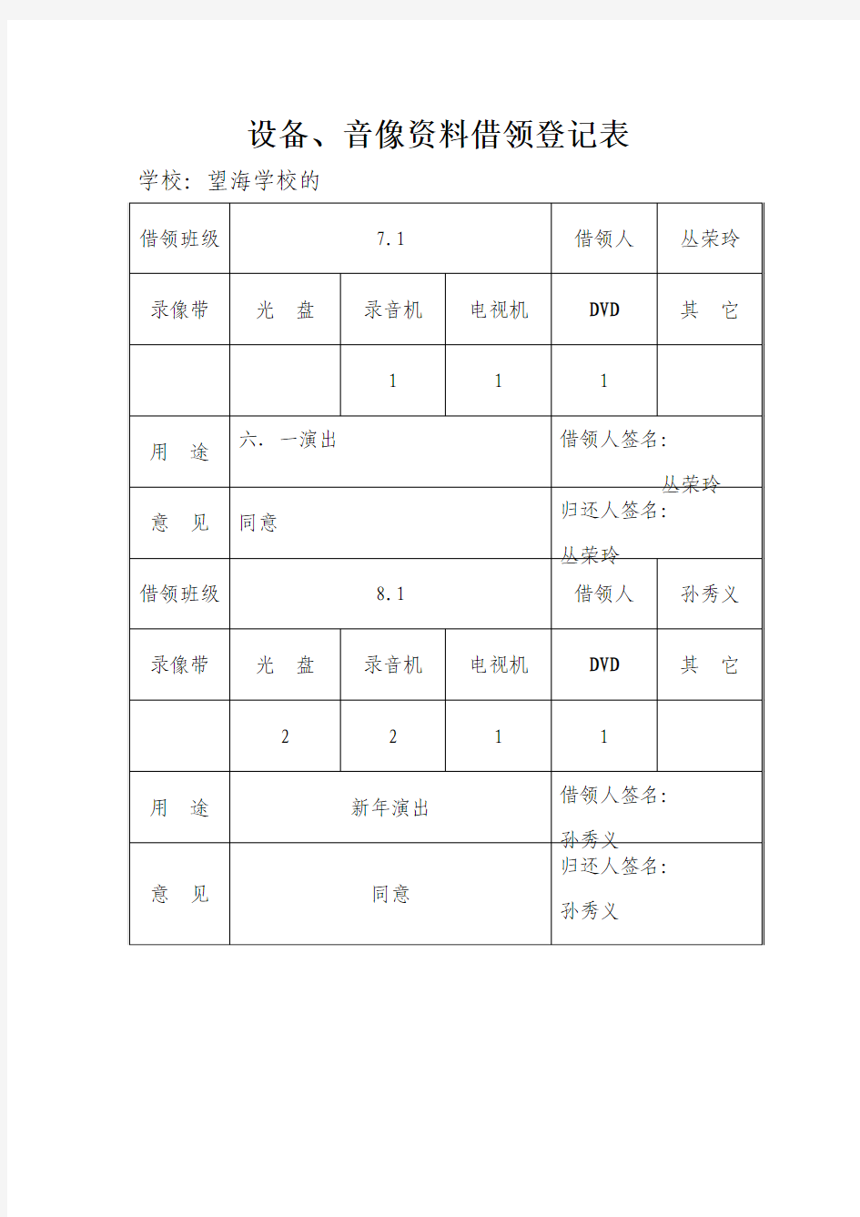 设备、音像资料借领登记表