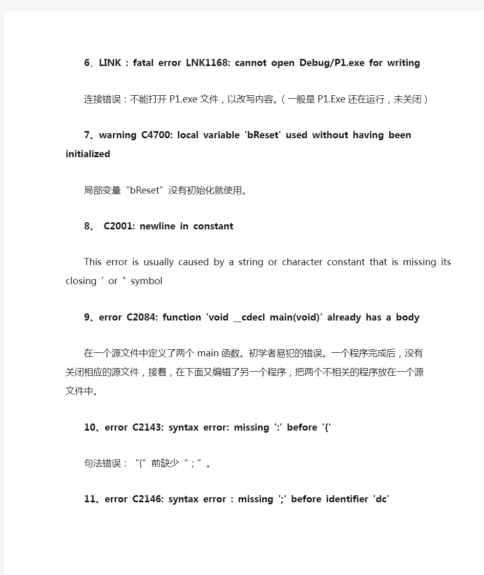 vc6.0中常见错误提示信息