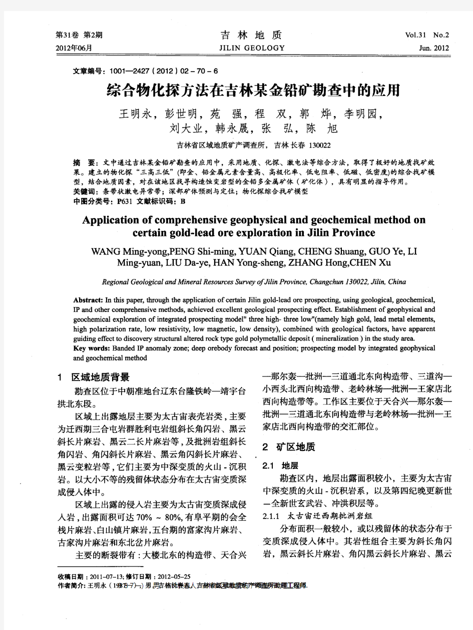 综合物化探方法在吉林某金铅矿勘查中的应用