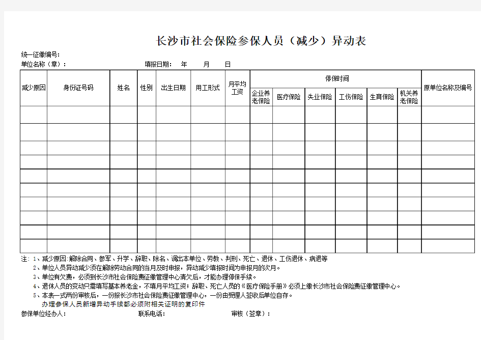 长沙市社会保险参保人员(减少)异动表