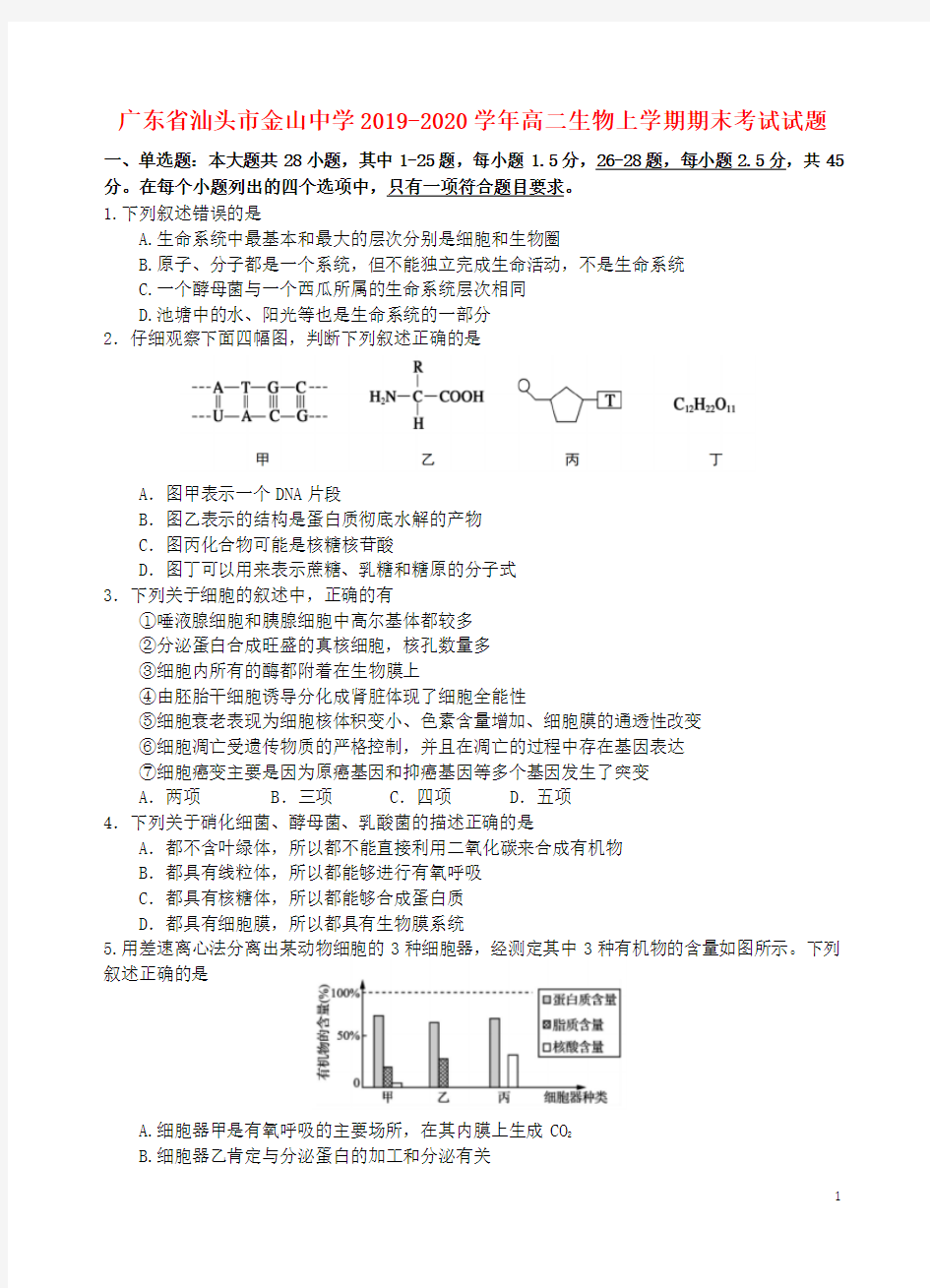 广东省汕头市金山中学2019-2020学年高二生物上学期期末考试试题[含答案]