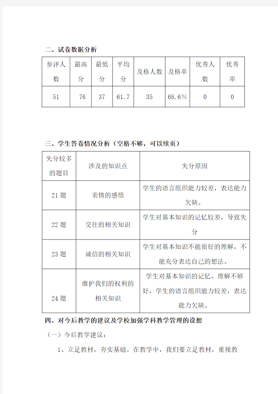 八年级政治质量分析报告