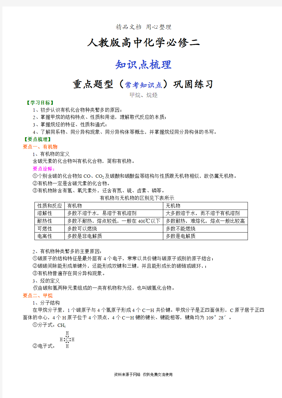 人教版高中化学必修2[知识点整理及重点题型梳理]_甲烷、烷烃