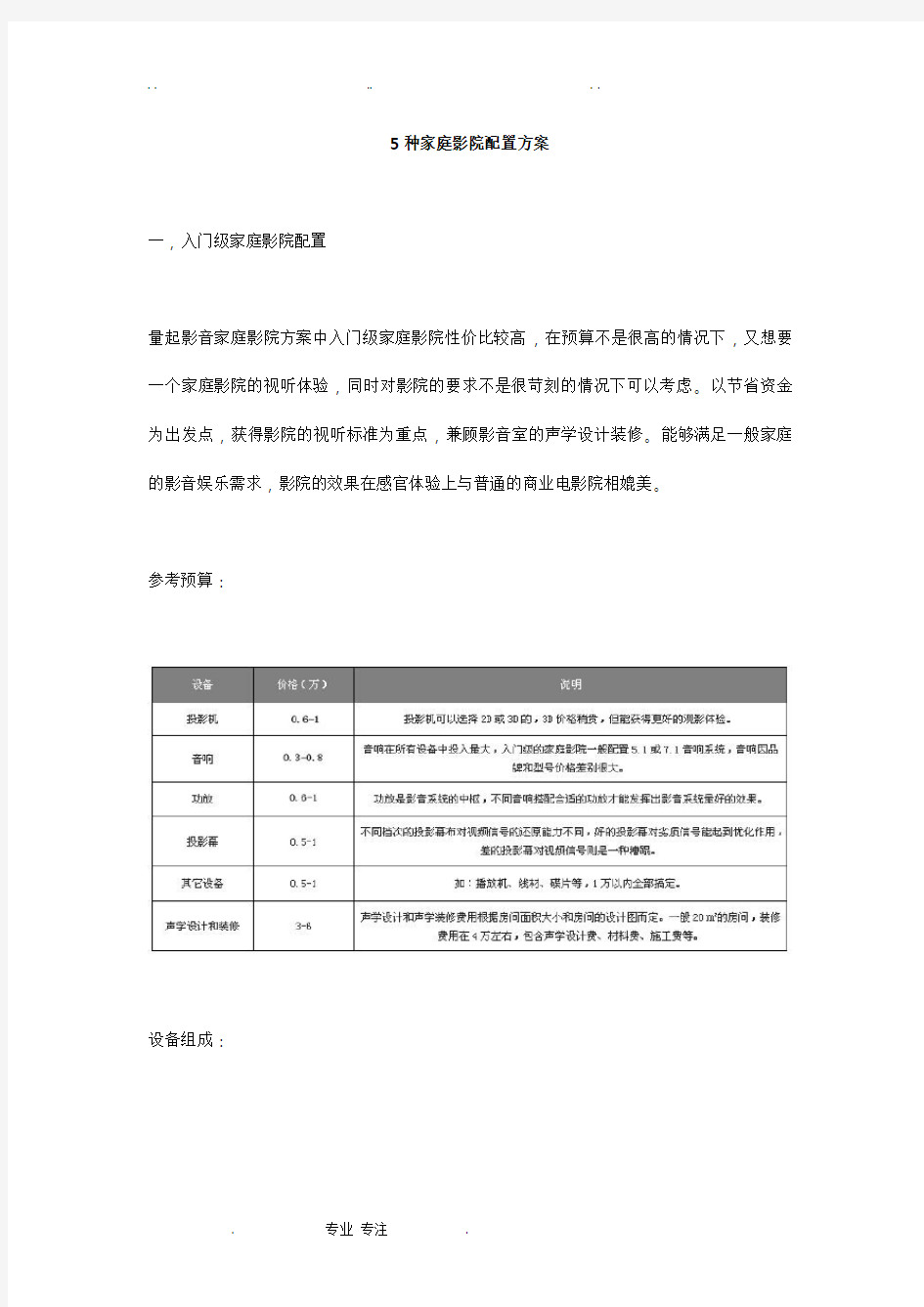 5种家庭影院配置方案设计说明