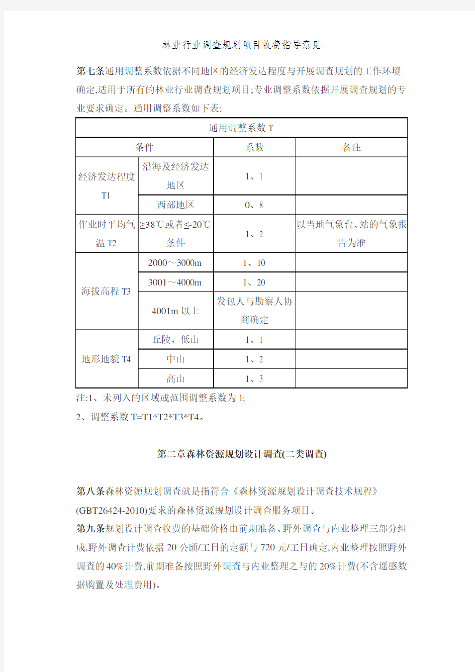 林业行业调查规划项目收费指导意见