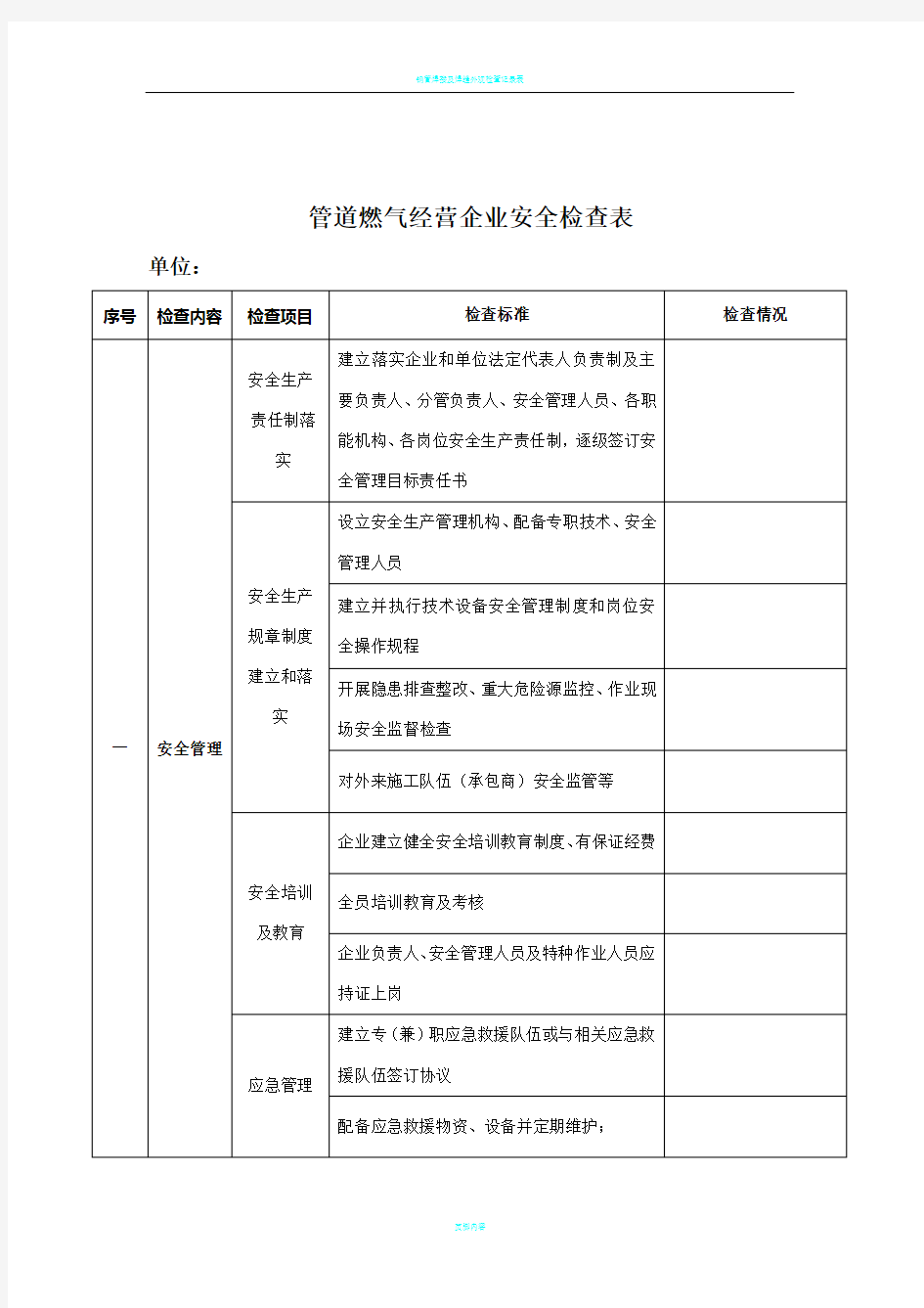 管道燃气安全检查表简单的