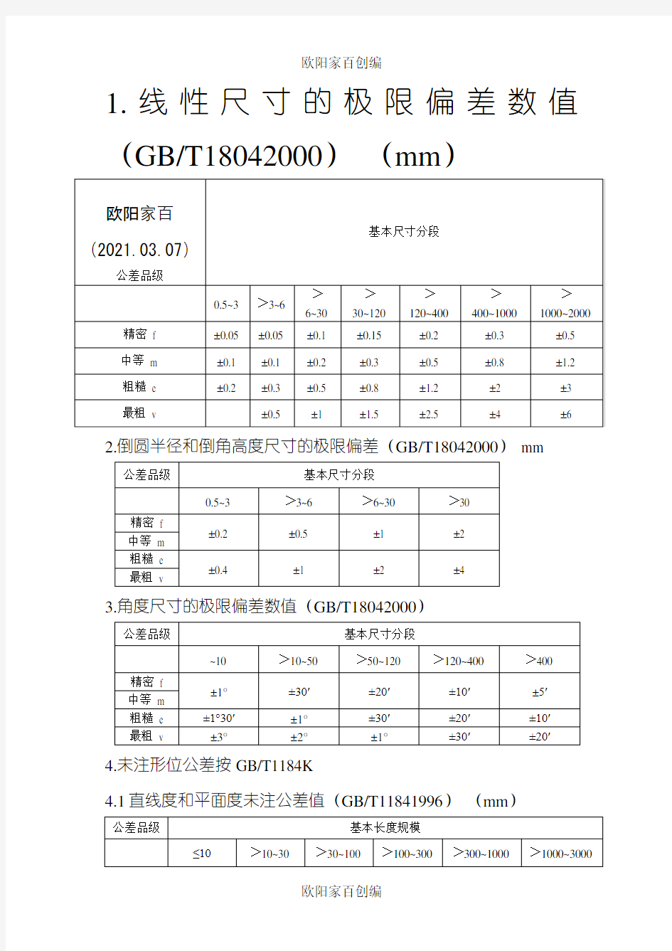 机械加工自由公差表之欧阳家百创编