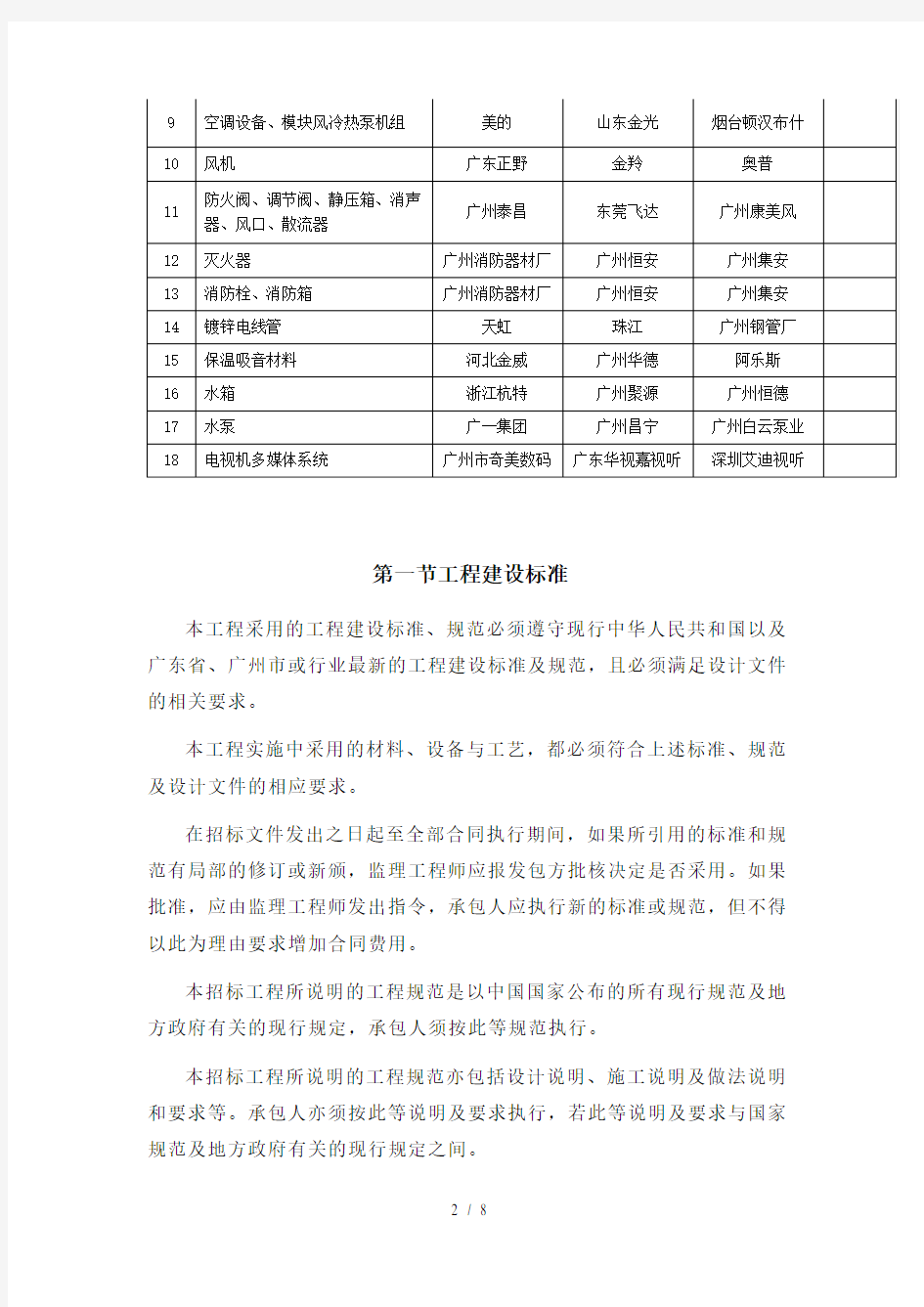 技术条件工程建设标准和推荐使用主要材料品牌表