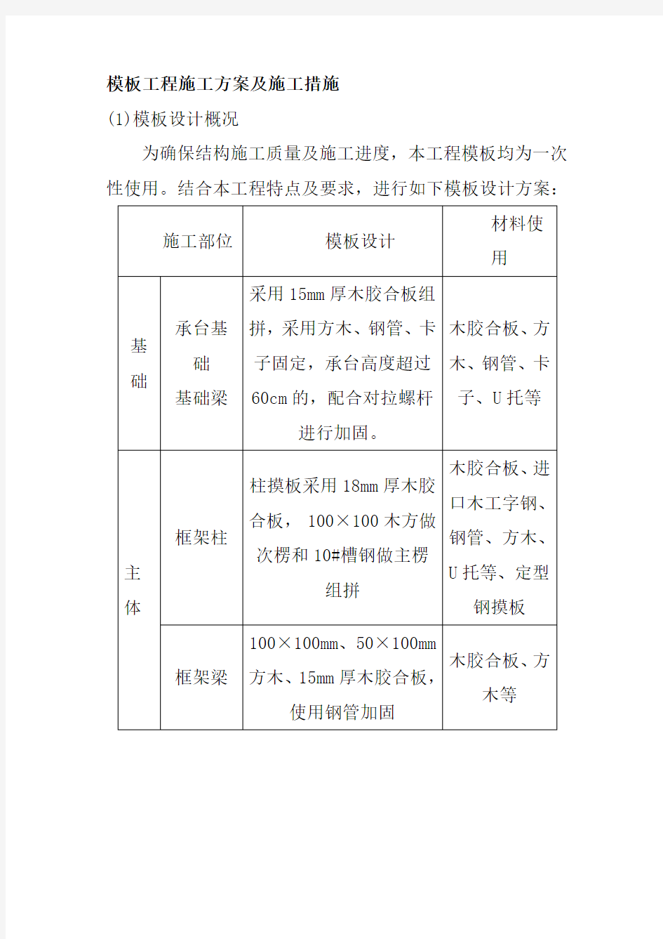 模板工程施工方案及施工措施