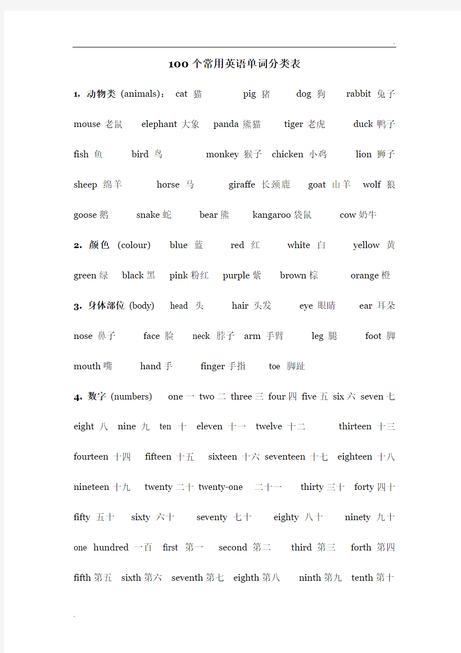 100个常用英语单词分类表 (2)