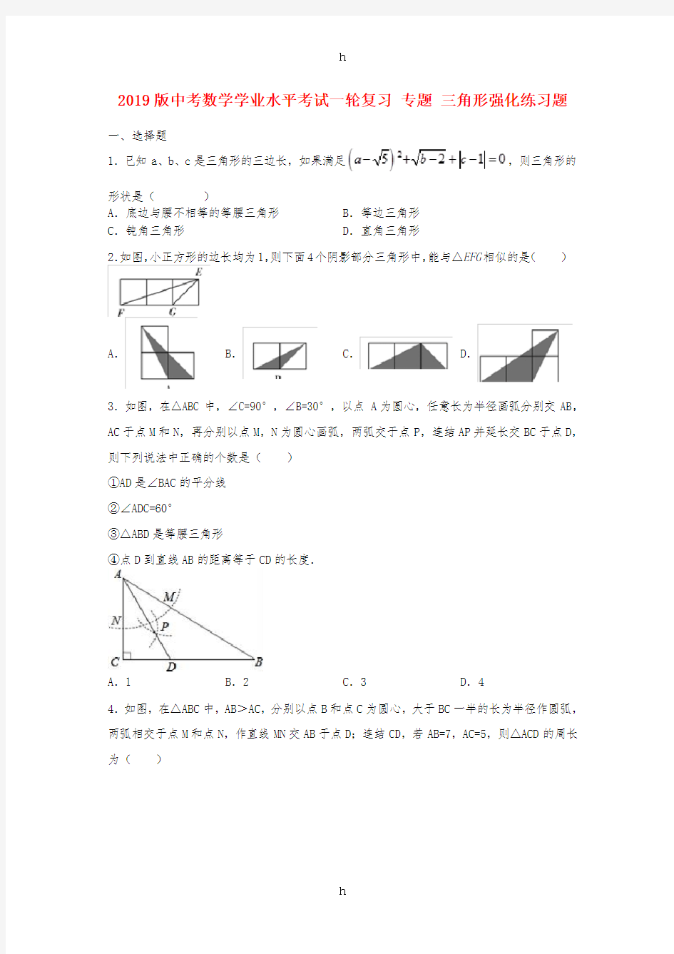 2019版中考数学学业水平考试一轮复习 专题 三角形强化练习题