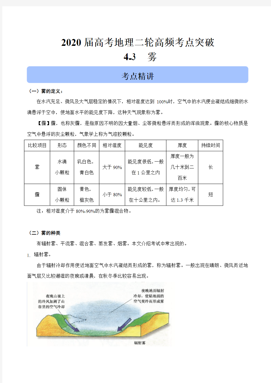 2020届高考地理二轮高频考点突破4-3 雾(含解析)