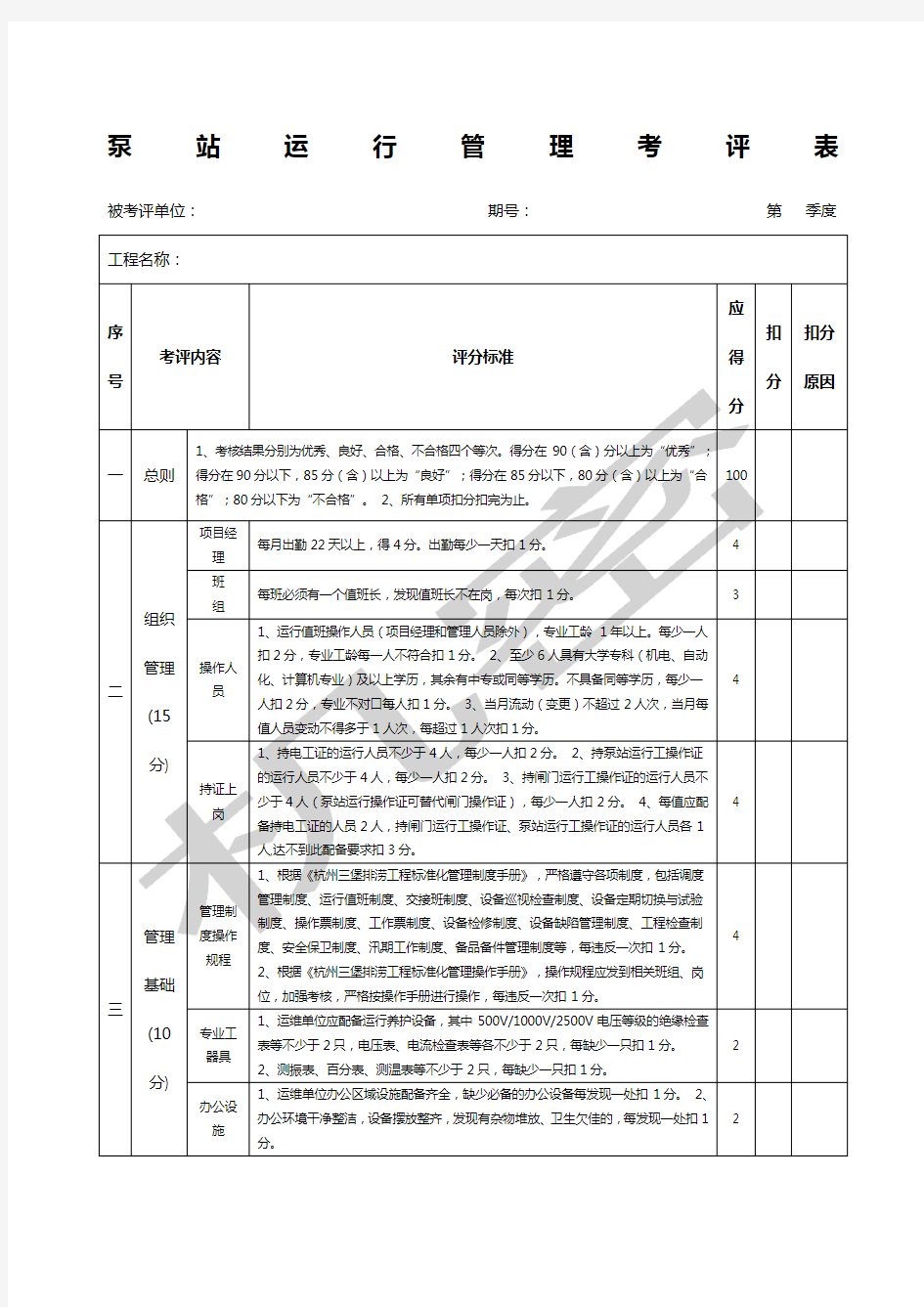 泵站运行管理考评表