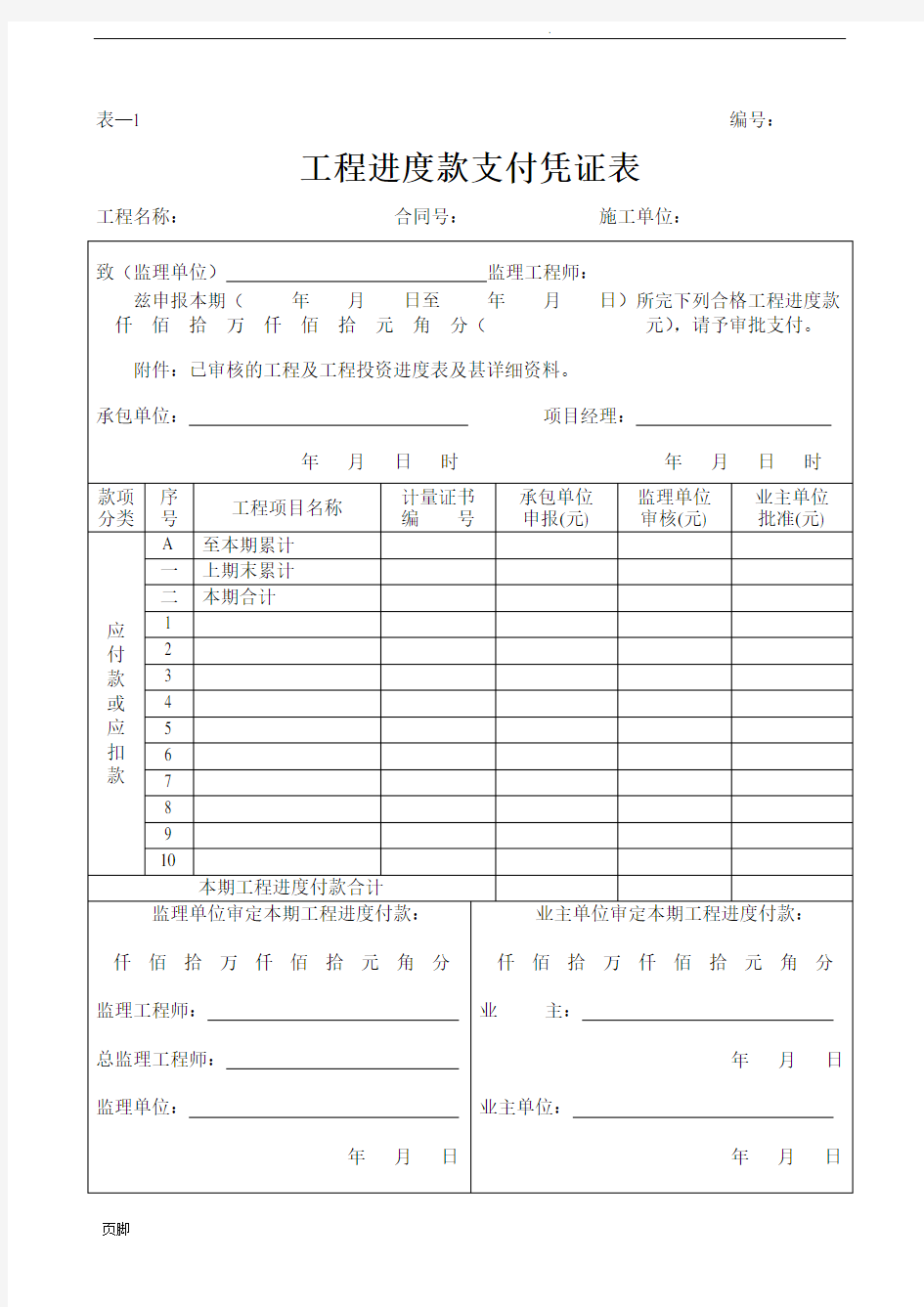 工程进度款支付表格模板