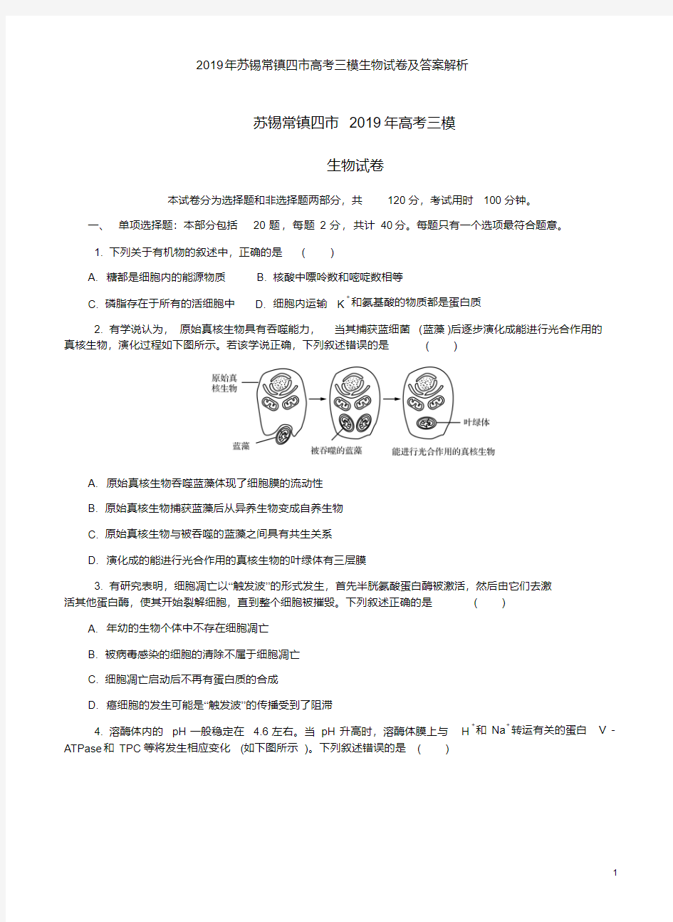 2019年苏锡常镇四市高考三模生物试卷及答案解析