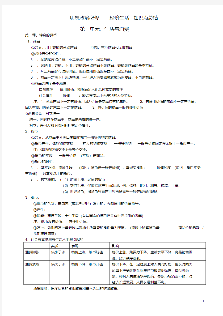 高中政治经济生活知识点总结