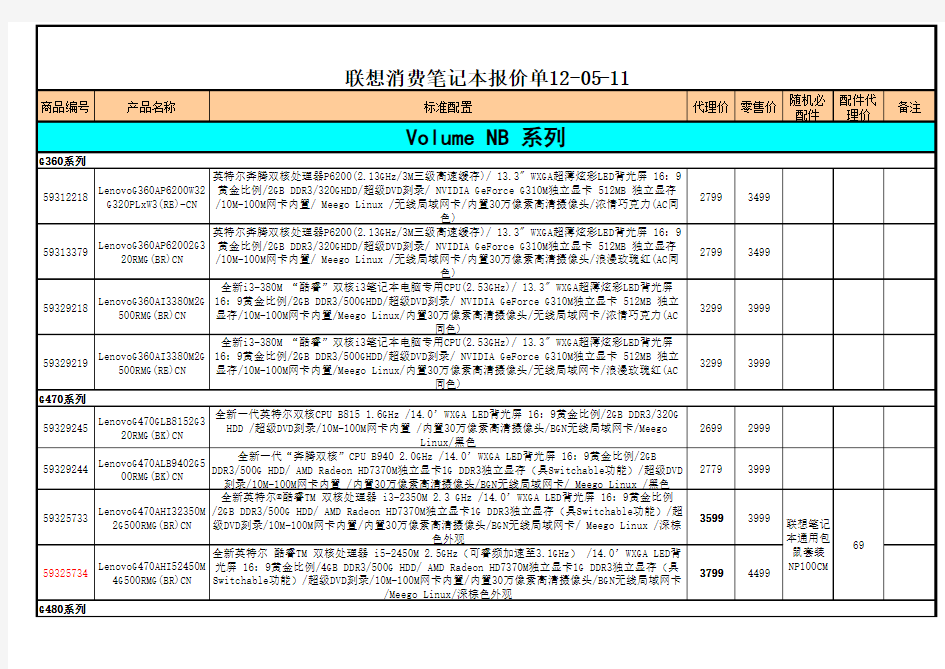 联想笔记本报价单2012最新