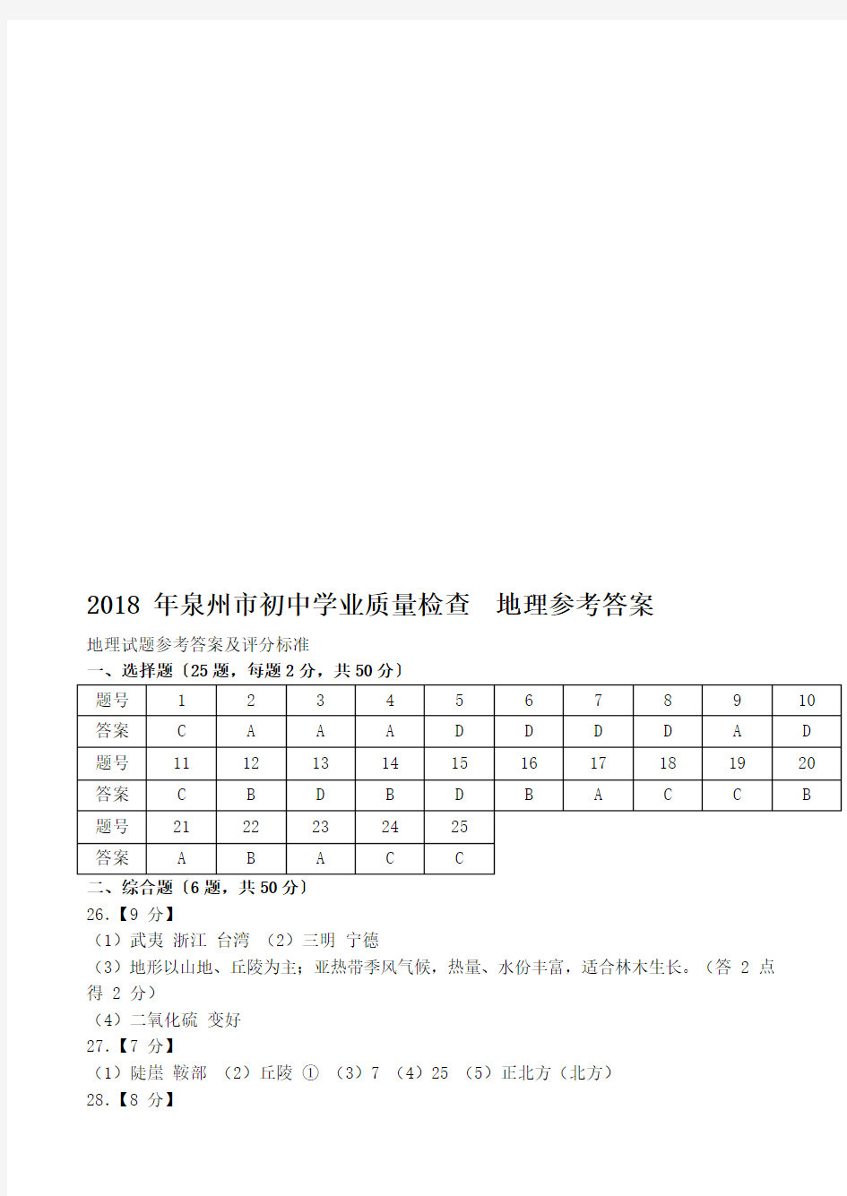 2018年泉州市地理质检卷及答案