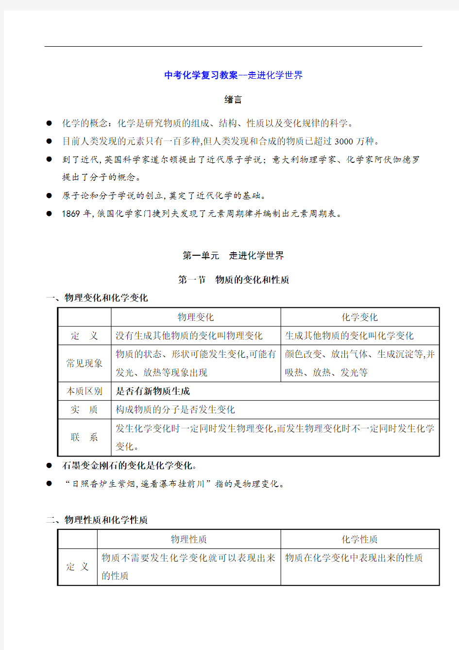 中考化学复习教案--走进化学世界