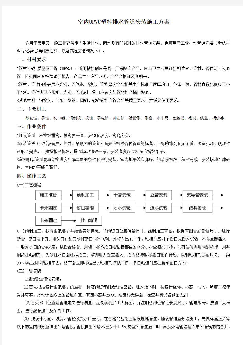 室内UPVC塑料排水管道安装施工方案