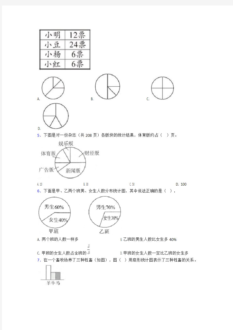 小学数学六年级上册人教版第七单元扇形统计图测试(包含答案解析)