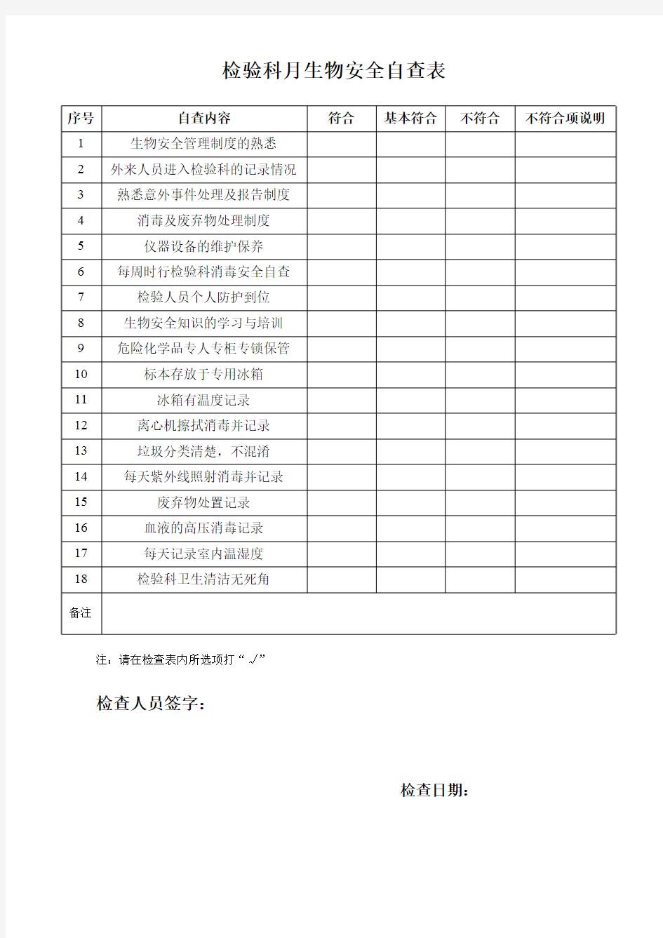 检验科月生物安全自查表.